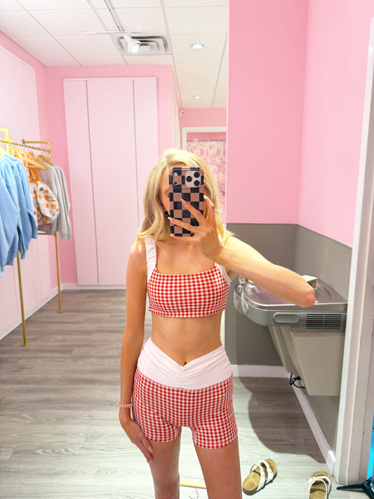 Scrunched Gingham Sports Bra